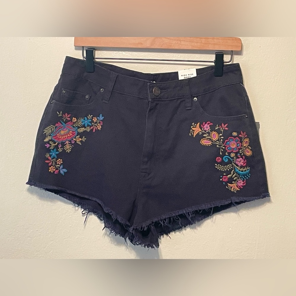 BDG black embroidered floral frayed hem jean shorts